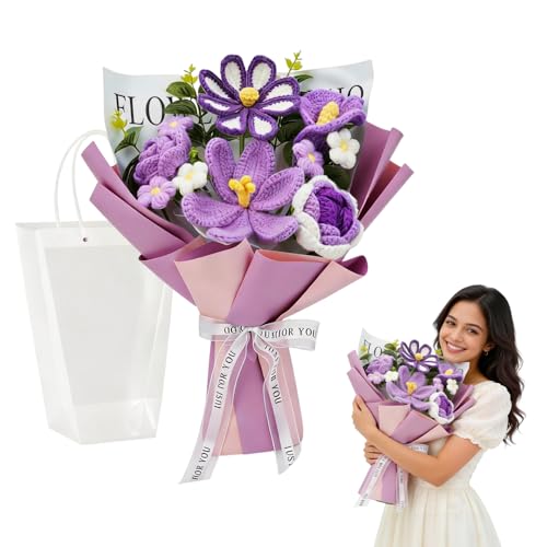 Wxeadu Crochet Flowers Bouquet, Handmade Crochet Flower Bouquet with Gift Bag & Greeting Card, Knitted Flowers Gelsemium, Rose, Tulip for Mom/Anniversary/Graduation/Home Decoration/Wedding (Purple)
