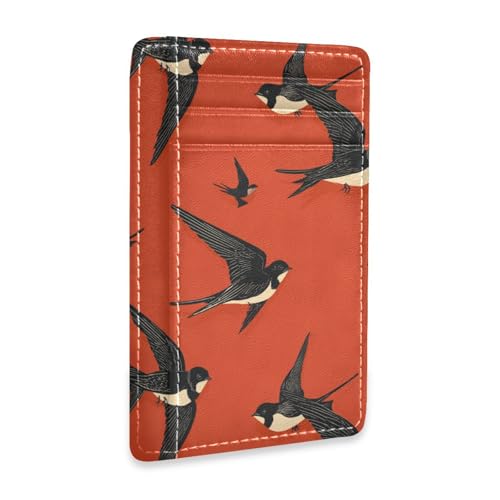 Black Swallow Red Pattern Retro leather small womens wallet slim With Cash Slot RFID Blocking card holders for Men and Women