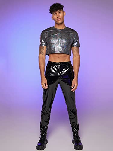WDIRARA Men's Metallic High Waist Button Holographic Party Club Pants with Pockets4