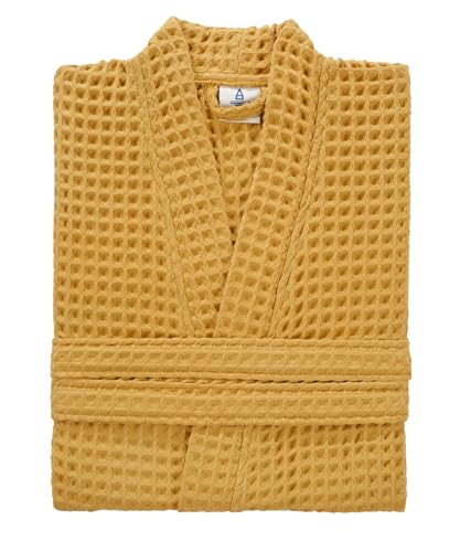 sea me at home 100% Cotton Waffle Kimono Bathrobe for Men & Women, Cozy Leisurewear with Functional Pockets, Comfortable Robe for Relaxation (Mustard)