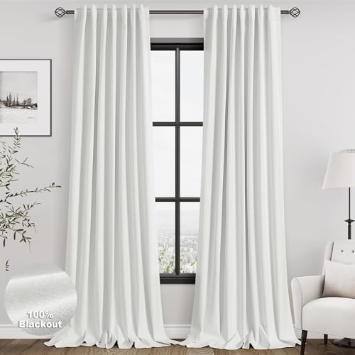 Image of Off White 100% Blackout Linen Curtains for Bedroom 108 Inches Long Back Tab Rod Pocket Thermal Insulated Acoustic Panels Black out Curtain for Living Room Dining Room Modern Drapes 52x108, 2 Panels