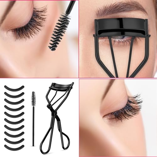 WLLHYF Wimpernzange Kit Beauty Wimpernkamm mit 10 schwarzen Silikon-Nachfüllpads und 1 Mascara-Bürste Metall Wimperntrenner Universal Wimpernzange Make-up Werkzeug für Frauen und Mädchen (schwarz)