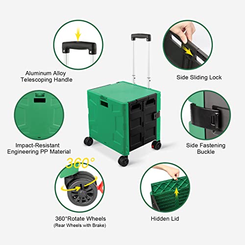 Image of FELICON Folding Utility Cart Rolling Crate Handcart with Durable Heavy Duty Plastic Telescoping Handle Collapsible Hidden Lid 4 Rotate Wheels for Travel Shop Move Office Teacher Use(Dark Green&Black)