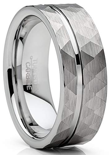 Metal Masters Co. Mens Tungsten Ring Hammered Wedding Band Grooved Center Comfort-fit 8MM 14