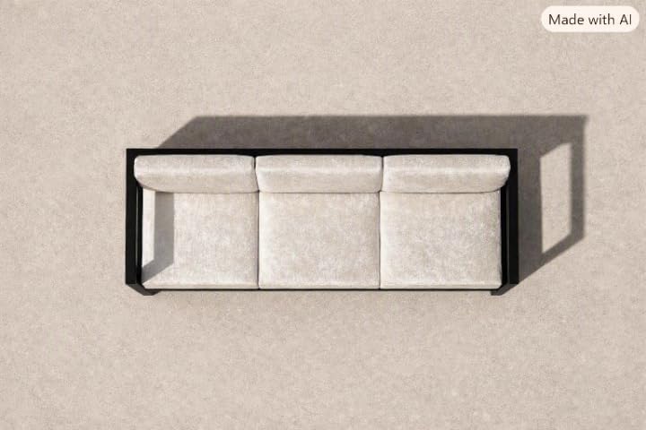 Image of Modern 3-Seater Outdoor Sofa with White Cushions, Black Metal Set Upon a Sturdy Black Metal Geometric Base Frame.