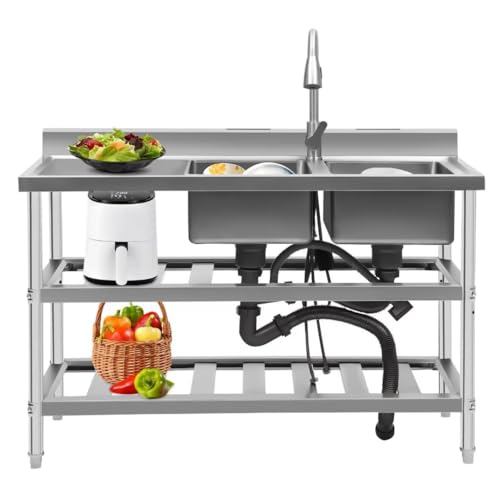 SNKOURIN Freestanding Double Bowl Stainless Steel Utility Sink - 47.24*17.72*31.89 inches - Industrial Style - Brushed & Polished - 201 Stainless Steel - 881.85 lbs Capacity