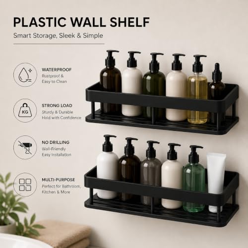 Image of Misamo Enterprise Bathroom Organiser Without Drill | Bathroom Accessories Set | Soap Stand for Bathroom | Plastic Bathroom Shelves Wall Mount | Washroom Storage Organizer | Pack of 2, Black