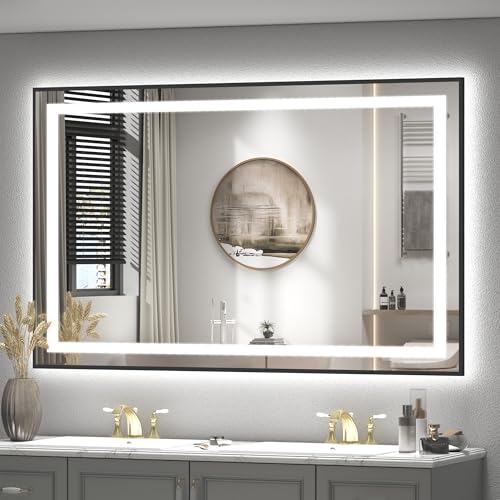 Image of 57x36 Framed LED Bathroom Mirrror for Wall, Dimmable LED Vanity Mirror with Lights, Backlit and Front Lighted, Anti-Fog, Shatterproof, Memory (Horizontal /Vertical)