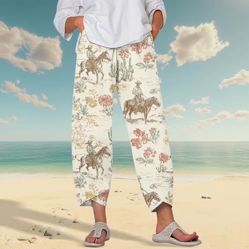 Image of DMOYALA Linen Pants for Women Summer Casual Wide Leg Capri Pants Loose Fit Palazzo Pants Cropped Beach Pants with Pockets