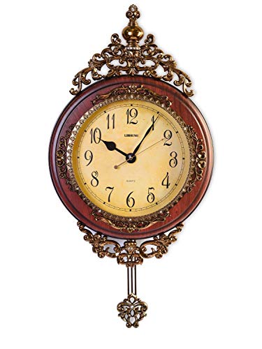 Elegant, Traditional, Decorative, Hand Painted Modern Grandfather Wall Clock W/Swinging Pendulum for New Room or Office. Color Brown & Bronze. Large. 24 Inch.