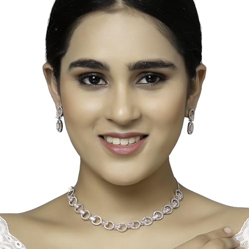 Image of ZENEME Rhodium-Plated American Diamond Studded Disc-Shaped Necklace With Earrings Jewellery Set For Girls and Women