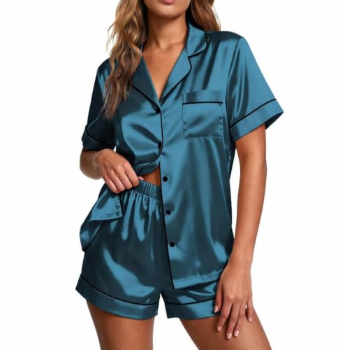 Image of Ekouaer Pajamas for Women Set Silk Satin Pjs Button Down Sleepwear Summer Loungewear Top and Shorts Lounge Set S-XXL