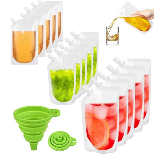 15pcs Clear Drink Pouches for Festivals with Funnel, Leak Proof Alcohol Juice Liquid Pouches Bags,Beverage Bags Festival Essentials,Plastic Hip Flask for Parties,Picnic,Travel,Sports,250ml 380ml 500ml