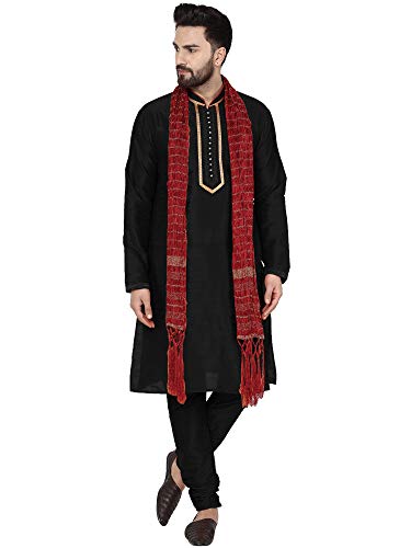 SKAVIJ Uomo Tunica Abbigliamento Etnico Tunica Kurta Pigiama, e Sciarpa Set Nero_XL
