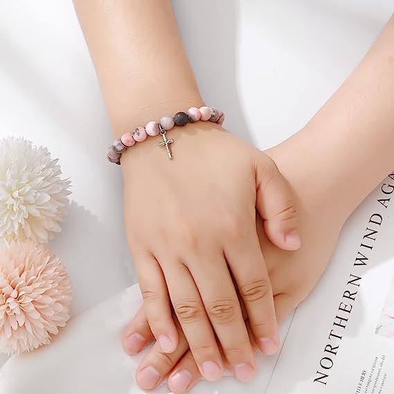 Miniatura 5 de anchangdianzi Regalos cristianos para mujeres y hombres, pulsera elástica de cuentas cruzadas de piedra natural curativa, regalos religiosos