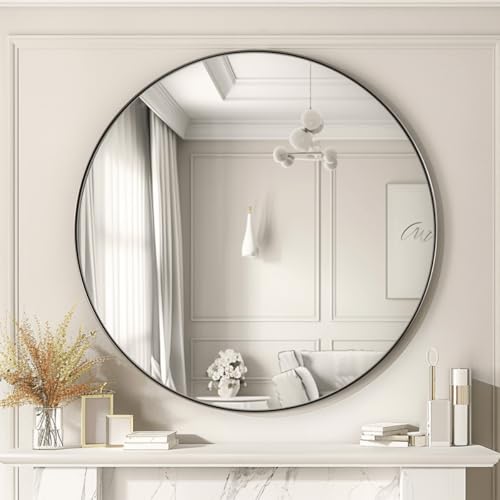 Image of ANDY STAR Nickel Round Mirror, 26 inch Brushed Nickel Round Mirror, Sliver Circle Bathroom Mirrors in Stainless Steel Metal Frame 1 inch Deep