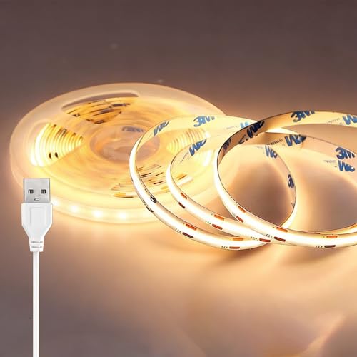 USB COB LED Strip Light 3m, 3000K Warm White Led Mirror Lights for TV Back Light Self Adhesive Flexible Cuttable Lights Tape IP20, 320LEDs/m, CRI 90+, 8mm Width, for Wardrobe, Cabinet, Home Decor
