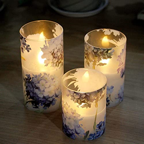 Gorge Moment Flameless Candles Flicker With Remote, Dim Blue Violet Hydrangea Spring Summer Theme Decorative Glass Decor For Wedding Date Proposal Easter Dinner Table Home Mother's Day Gift For Lover #TOP2