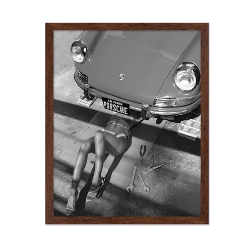 Poster Master Woman Under Classic Car Poster - Sexy Mechanic Print - Girly Design - Car Enthusiast Illustration - Black and White Print - Great Garage or Bedroom Decor - 16x20 Brown Framed