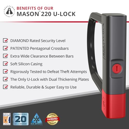 Image of Seatylock Mason Bike U Lock - Patented Heavy Duty Anti Theft Diamond Secure ULock - Ultra Security Bicycle Safety Tool with Keys for City Electric or Mountain Bikes and Scooters