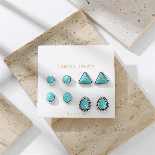Dreuyet Turquoise Stud Earrings Set for Women Handmade Gemstone Oval Round Flower Cut Shape Square Studs Earrings Boho Turquoise Earrings Trendy Jewelry4