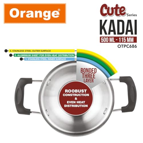 Image of Orange Triply Cute Series Mini KadaiTadka Pan 0.400 ml,(0.4L) | Heavy Bottom| Induction Friendly|2.5mm Thickness|Cool Touch Bakelite Stainless Steel Handle | 5Year Warranty