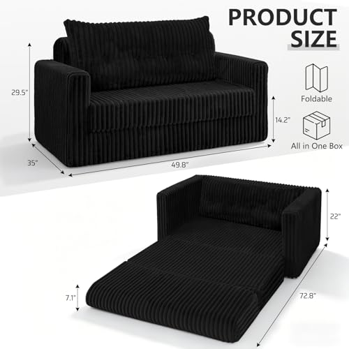 Image of HABUTWAY 49.8 inch Loveseat Boneless Couch, 4-in-1 Convertible Sofa Bed, Plush Fur Folding Futon Sofa Bed Couches with a Pillow for Living Room, High-Density Foam Support, No Assembly Required, Black