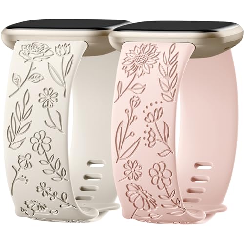 SNBLK 2 Pack Engraved Bands Only Compatible with Fitbit Versa 3/Fitbit Sense/Fitbit Versa 4/Fitbit Sense 2 Bands Four Models, Sunflower Rose Elegant Soft TPU Floral Pattern Replacement Strap