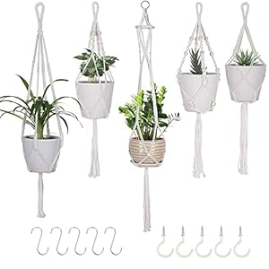 CYH Macramé Bloemmand Set – 5 Stuk Katoenen Touw Opknoping Bloemmand Opknoping – Stevige Macramé Plantenhouder Hanger – voor Binnen Buiten Plafonds Balkons Muur Decoratie