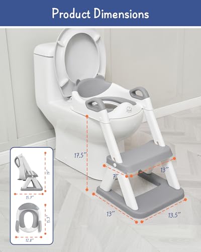Forbena Toddler Potty Training Seat with Step Stool Ladder, Toilet Potty Seat for Baby Boys Girls Toddlers, Kids Chair Stairs with Handles and Soft Cushion (White and Grey)