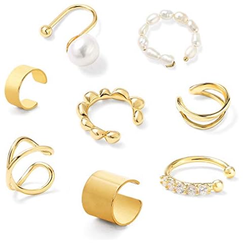 8 Pcs Cartilage Ear Cuff for Women, ALBOYI Pearl Gold Clip Earrings Non Pierced Ear Hoop Cuff Ear Wraps Earring Hoop Set Jewelry Best Gifts Cover