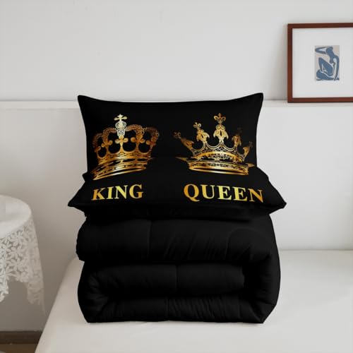 Image of Feelyou Gold Crown Bedding Set for Kids Boys Girls Queen, King Queen Comforter Set Mr Mrs Comforter Anniversary Duvet Set Men with 2 Pillow Case