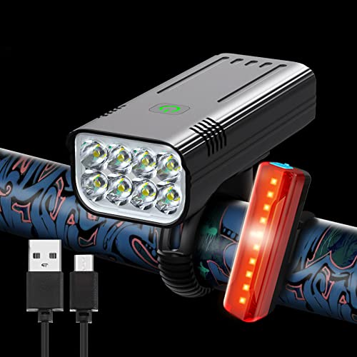 Bike Lights Front and Back, 5200mAh Powerful USB Rechargeable Bicycle Headlight 5 Modes Runtime 15+ Hours, Waterproof 8 LED Bike Headlight Taillight for Night Riding Road Mountain Cycling …