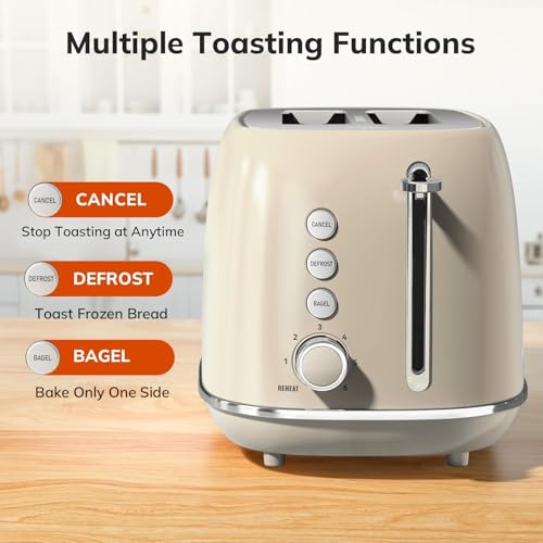 Image of 2 Slice Stainless Steel Toaster Retro with 6 Bread Shade Settings, Bagel, Cancel, Defrost Function, 2 Slice Toaster with Extra Wide Slot, Removable Crumb Tray, Tauge