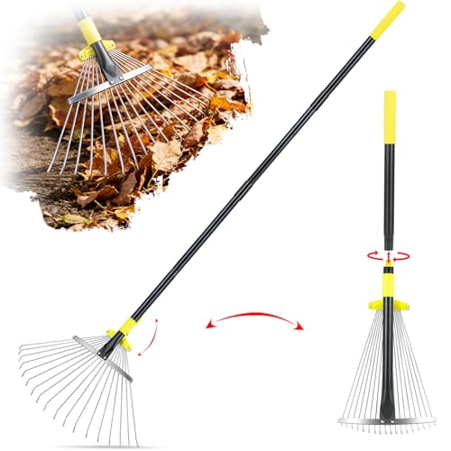 Jardineer Garden Rake for Leaves - Adjustable Metal Leaf Rake with Expandable Head and 59 Inch Long Handle Yard Rake for Leaves Debris Tight Spaces and Yard Waste Removal