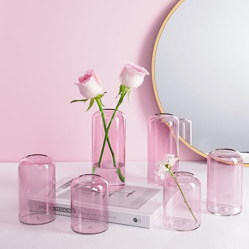 Image of ZENS Bud Vases Set of 6, Pink Clear Small Glass Vase for Flowers. Modern Hand Blown Cylinder Glass Vase for Wedding Reception Centerpieces Living Room Decorative.