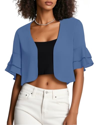 Image of Urban CoCo Women's Sheer Chiffon Bolero Shrug Ruffle Short Sleeve Open Front Cropped Cardigan for Dresses