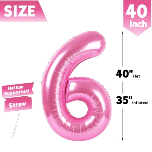 Image of 40 Inch Pink Number 6 Balloon Birthday Party Decorations for Men & Women | 40 Inch Pink inflatable foil number balloons, large birthday decorations for 6th birthday