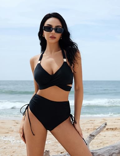 SUUKSESS Womens High Waisted Bikini Sets Tummy Control Drawstring Tie Knot Swimsuit4