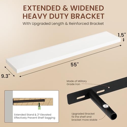 Image of Dreamland 55 Inches Floating Shelves for Wall, 9.3 inch Deep Long Floating Shelves Set of 1, Large Display & Storage Shelf, Wall Shelf for Bathroom Bedroom Living Room Kitchen Office, White