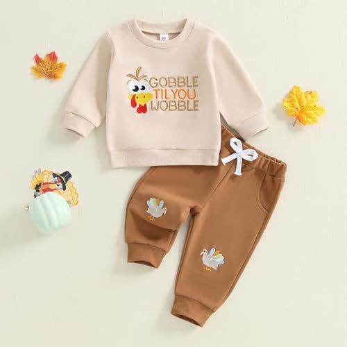 Karuedoo Toddler Baby Boy Thanksgiving Outfit Turkey Letter Embroidery Crewneck Long Sleeve Sweatshirt and Jogger Pants Set4