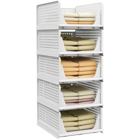 Pinkpum Stackable Plastic Storage Basket-Foldable Closet Organizers and Storage Bins 5 Pack Drawer Shelf Storage Container for Wardrobe Cupboard Kitchen Bathroom Office 5L Cover
