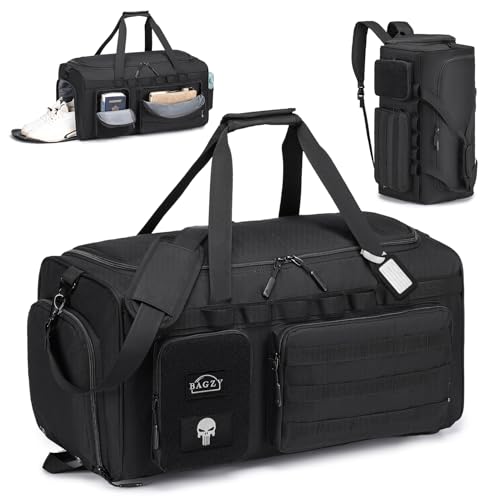 BAGZY Arbeitstasche Herren 55L Taktische Reisetasche Sporttasche mit Rucksackfunktion Einsatztasche Polizei Trainingstasche mit Schuhfach Nassfach Groß Rucksack für Gym Fitness Weekender Schwarz