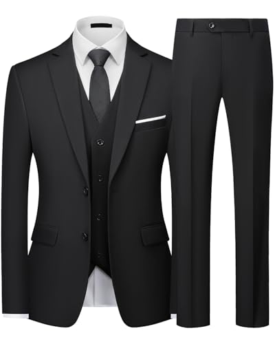 Traje Hombre 3 Piezas Slim Fit Traje Hombre Elegante 2 Botones Chaqueta Chaleco Pantalón Traje Formal Business Boda Oficina Evento Fiesta Smoking Clásico Moderno Negro L
