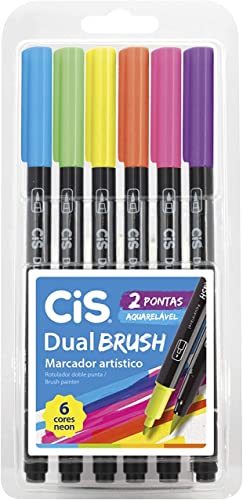 Marcador Artístico Aquarelável Dual Brush, CIS, Estojo c/6 unidades (Tons Neon)