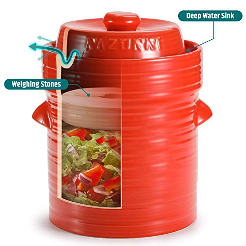 Razorri Comodo Ceramic Fermentation Crock - 2 Liter (0.5 Gallon) Traditional Water-Sealed Jar With Glazed Weights - Fermenter For Kombucha, Sauerkraut, Kimchi, Pickles (Tangerine Tango) #TOP2