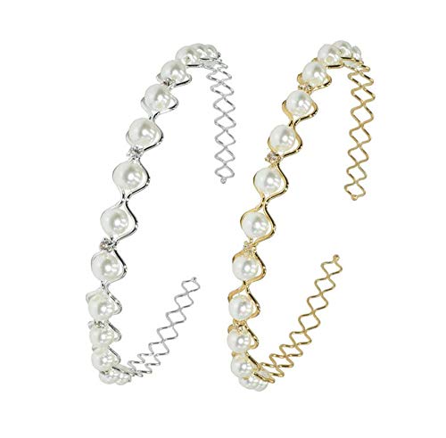 HLLMX 2 PCS Bridal Headband Pearl Headband Artificial Pearl Headband Wedding Hair Ornament For Women And Girls Accessories Gold and Silver