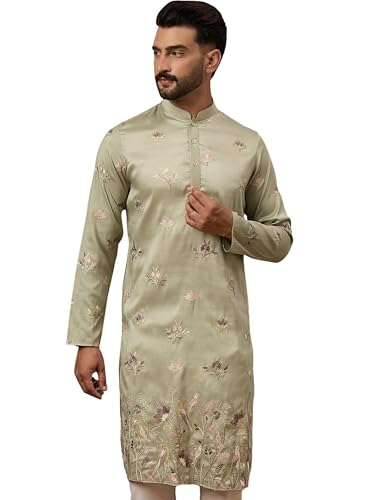 Image of Men's Calf Length Silk Blend Embroidered Solid Kurtas | Men | Kurtas for Mens | Straight Fit Kurta for Men's