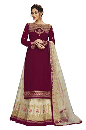 TRENDMALLS Women's Georgette Embroidery Kurta Lehenga Suit Set Stitched (USTM.G79-Maroon-M)