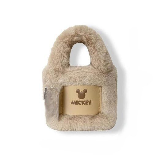 PIMIKRAY Cute Korean Mini Plush Bucket Handbag with Mickey Design, Beige, Faux Fur, Zipper Closure-image-1